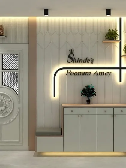 A 3D render of an entrance design. This concept features a custom door, a shoe cabinet with a seating nook, and a personalized backlit nameplate, showing clients the vision before we build.