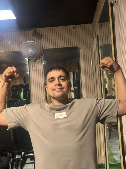 A happy and strong pose.