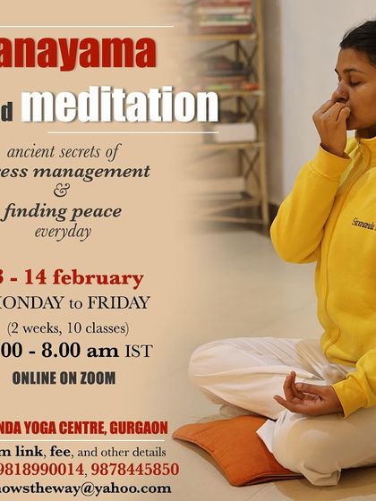 This poster announces our online pranayama and meditation course. Learn the ancient secrets of stress management and find peace every day through these powerful practices.