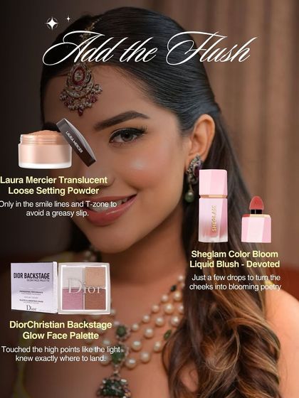 Add the flush. To get that perfect Haldi glow, we used a liquid blush for a blooming-poetry effect on the cheeks, set lightly with powder and a glow palette.