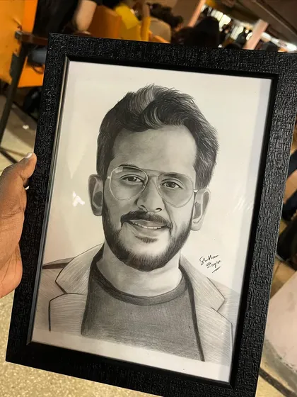 A framed portrait of Aman Gupta, ready to be gifted. A custom sketch makes for a unique and personal gift for anyone you admire.