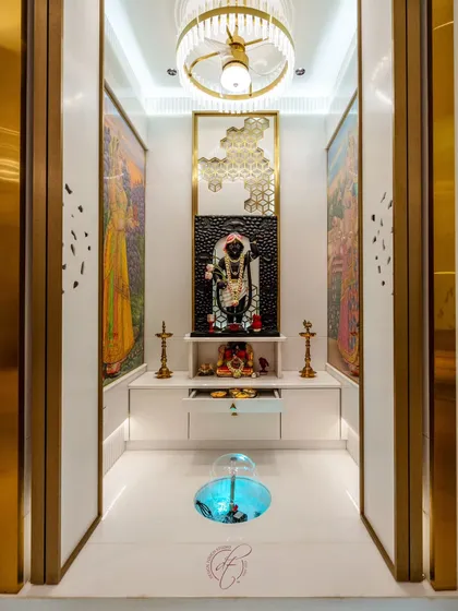 A testament to our love for creating divine spaces, this modern Shrinathji mandir is a masterpiece of tradition and innovation. It features authentic artwork, custom lighting, and a unique automated fountain, making it the spiritual heart of the home.