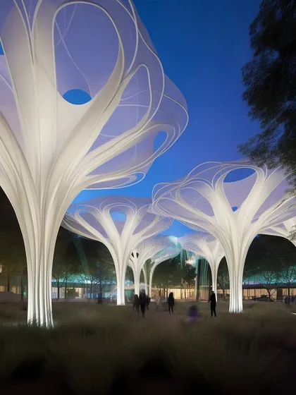 The glowing canopies of the Meadows Plaza at night, creating an enchanting and immersive environment for users to explore.