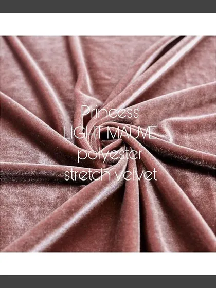 Princess light mauve polyester stretch velvet. I select velvets like this for their rich texture and deep color, perfect for creating opulent evening and wedding wear.
