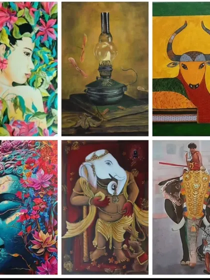 A sample of the diverse artworks displayed at our stall at The Haat of Art, from spiritual Ganesha paintings to Kerala-inspired elephant art.