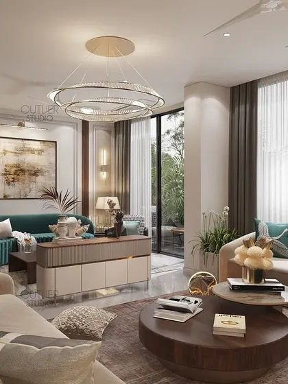 A symphony of opulence awaits in this bright and airy living room. A teal sofa adds a splash of color to the neutral palette, while large windows connect the indoor space with the lush greenery outside.