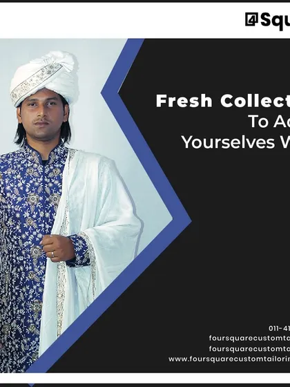 Our fresh collection includes striking designs like this royal blue sherwani with intricate silver floral embroidery. Paired with a traditional white turban and shawl, it is a perfect choice for a vibrant wedding ceremony or reception.