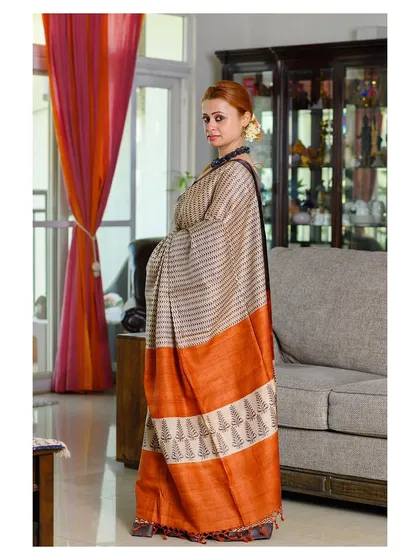 A full-length view of the model in the saree, showing her in a natural pose within the home environment.