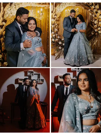 A collage of reception portraits, showcasing a variety of poses and lighting setups from the event.