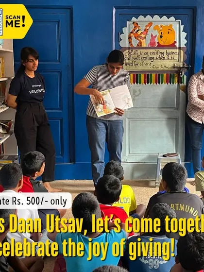 A volunteer reads to children at our Kings of Castle Library. This Daan Utsav, a small donation can help us continue these vital sessions, bringing the joy of reading and the power of stories to more children in need.