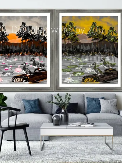 A mockup showing two variations of the duck pond painting displayed side-by-side.