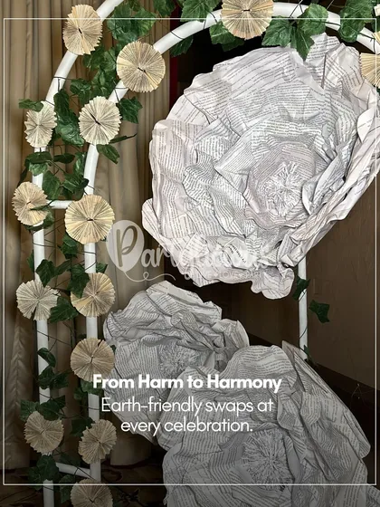 I believe celebrations can be beautiful and kind to our planet. This floral arch is crafted from upcycled old books, turning forgotten pages into a statement of sustainable art and harmony for your event.