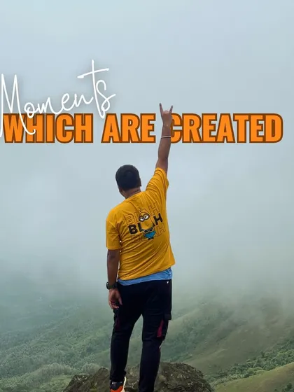 A graphic celebrating the moments we create, featuring a traveler on a misty peak.