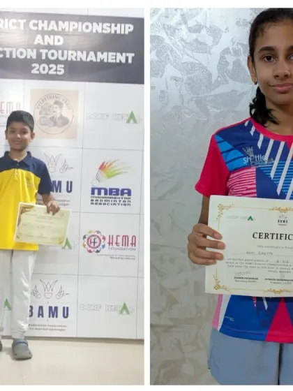 A collage of our medalists from the BAMU District Badminton Championship. Rhys Pais secured silver, while Avni Shetty, Zehn Masani, and Aryan Padnekar earned bronze.