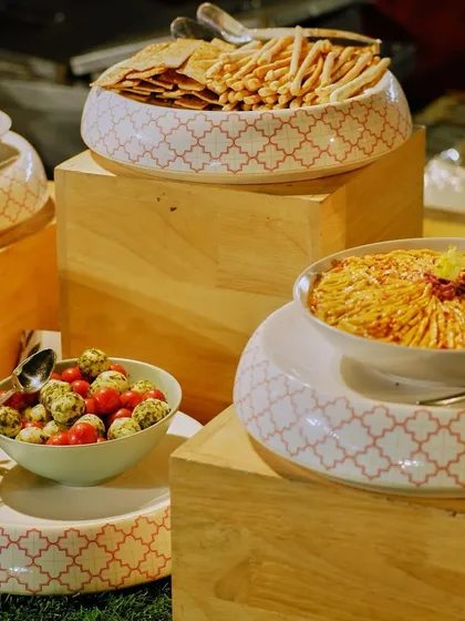 A Mediterranean-inspired spread featuring hummus, fresh salads, and crispy breadsticks. This showcases our ability to cater to diverse culinary tastes with authentic and delicious international cuisine.