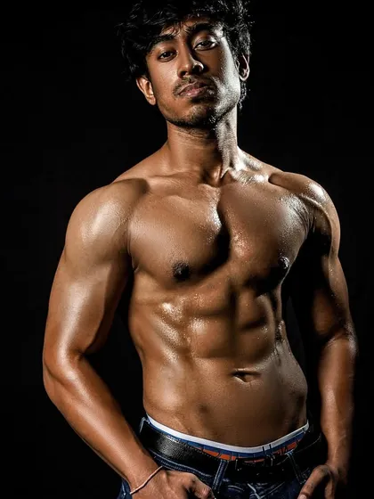 The final product of a dedicated photoshoot prep. This client's hard work paid off, resulting in a lean, muscular physique with clear abdominal definition.