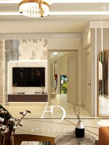 This angle shows the TV unit wall, which combines marble, wallpaper, and fluted panels for a richly textured and sophisticated look.