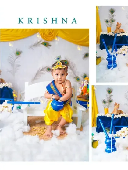 This collage showcases different angles and happy expressions from our Janmashtami themed baby shoot.