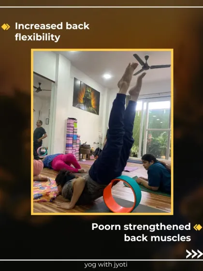 The benefits of Locust Pose (Shalabhasana) include increased back flexibility and strengthened back muscles, shown here with a yoga wheel.