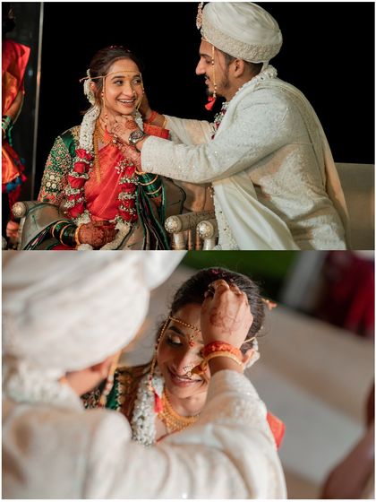 Tender moments during a Maharashtrian wedding ceremony, as the groom adorns his bride. We focus on the gentle, loving gestures.