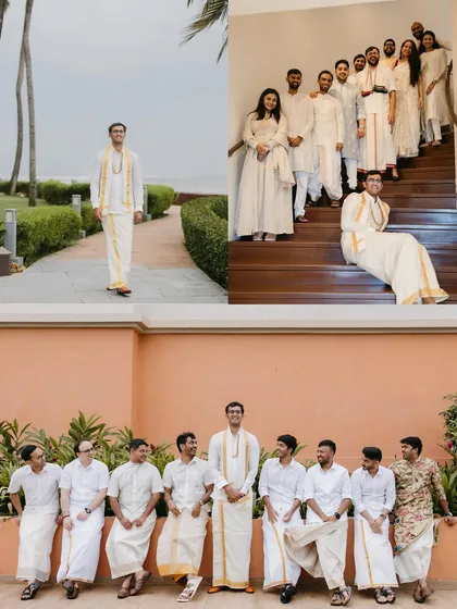 A collection of portraits showing the groom in his South Indian attire, posing solo and with his groomsmen on a staircase and bench.