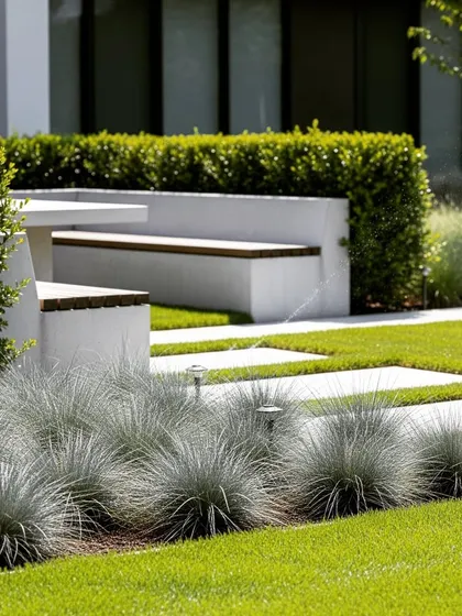 A modern commercial landscape featuring a lawn with built-in concrete and wood benches. The design uses ornamental grasses and clean lines for a contemporary, low-maintenance look.