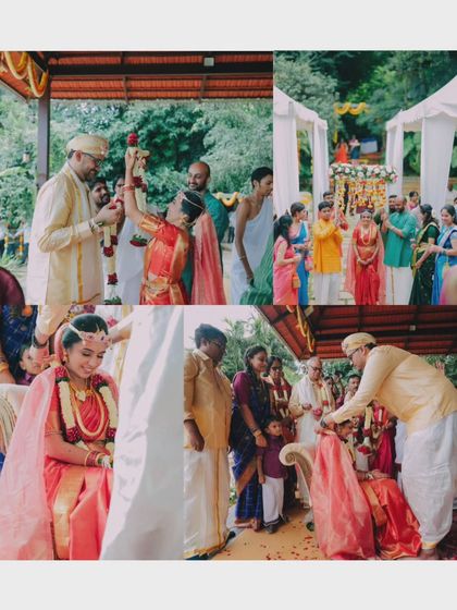 A collage of key moments from a traditional Kannada wedding ceremony. From the bride's entry to the exchange of garlands, each ritual is a beautiful part of the story.