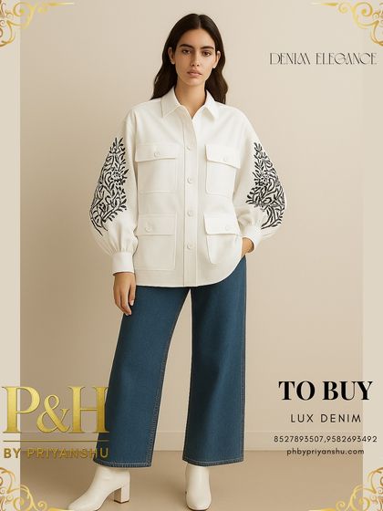 A full-length view of the white embroidered shirt and blue jeans, styled with white boots for a modern, coordinated look that is both casual and polished.
