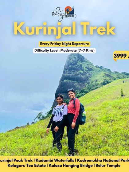Join our Kurinjal Peak trek for an amazing monsoon adventure. This 14 km moderate trek includes visits to Kadambi waterfalls, the Kalasa hanging bridge, and the historic Belur Temple.