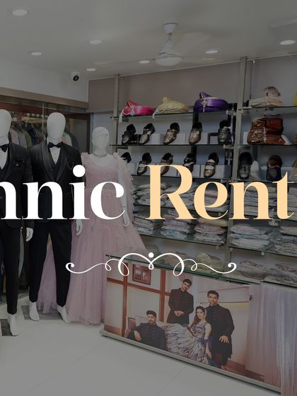 A view from inside the store, showing mannequins dressed in a tuxedo and a gown. I offer complete rental solutions for both men and women for any formal occasion.