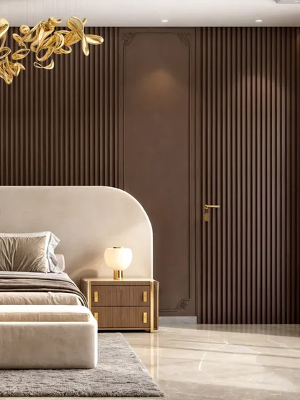 A render of the bed area, with a curved headboard set against a dark, fluted wood wall. A sculptural gold chandelier adds a touch of artistic flair.