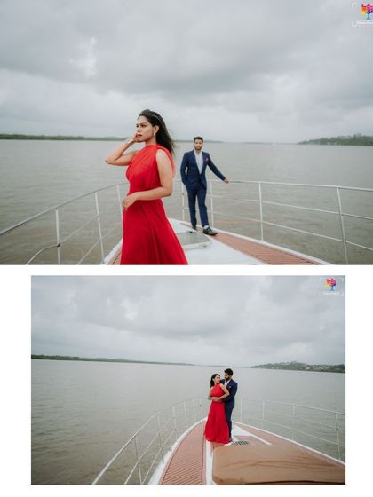 Two frames showing the couple on the yacht, capturing both a posed, stylish look and a more candid, interactive moment.