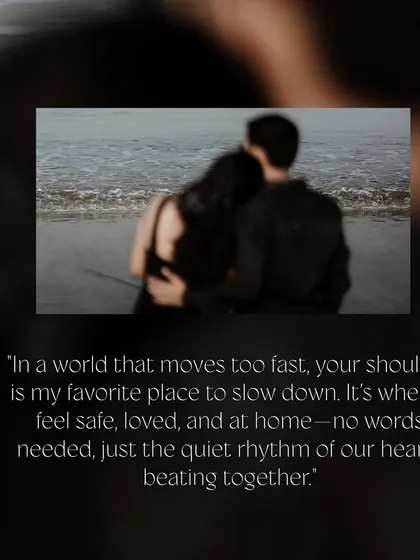 A quiet moment on the beach, where the focus is on the comfort and safety found in each other's arms. The quote overlay adds to the storytelling.