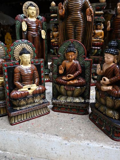 A glimpse of our colorful new collection of Lord Buddha statues, showing various sizes and designs available.
