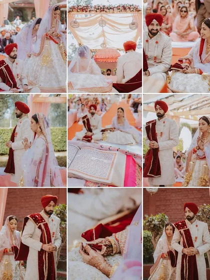 A comprehensive collage of an Anand Karaj ceremony, detailing the rituals, the couple's reverence, and the sacred atmosphere.