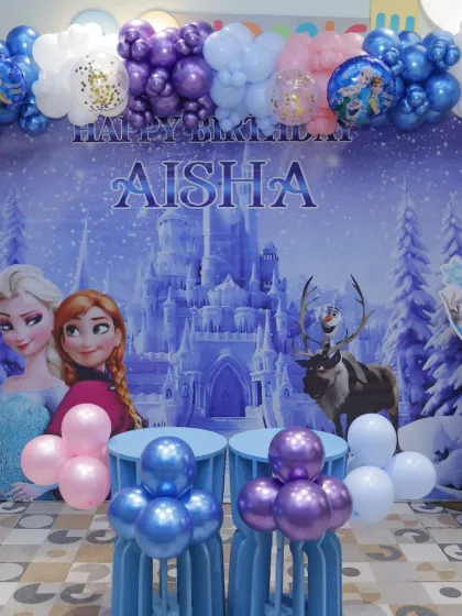 The main backdrop for a 'Frozen' party, featuring Elsa, Anna, and the ice castle of Arendelle. It's a magical setting for any fan of the movie.