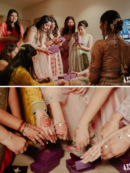 The bride's squad sharing a special moment together, looking at their bridesmaid gifts. This is a beautiful candid shot of friendship and shared excitement.