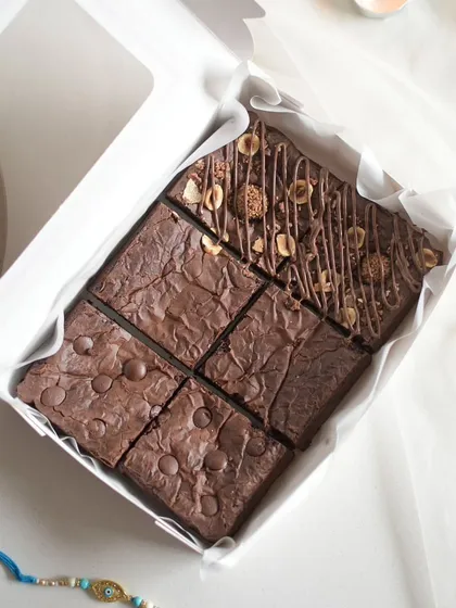 An overhead shot of my assorted brownie box, a perfect square of chocolatey goodness for Rakhi.