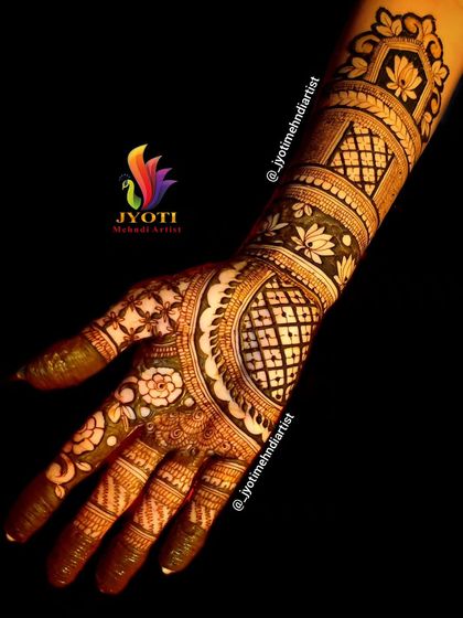 This detailed wrist and hand design showcases a variety of textures, from delicate floral patterns to bold geometric checks and bands of lotus motifs.