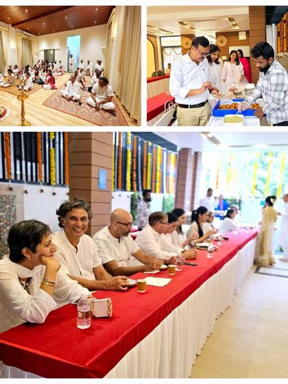 A collage showing various aspects of a charitable event at our Bangalore centre, including meditation, community dining, and joyful interactions.