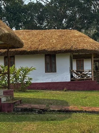 The charming thatched-roof cottages at an eco-stay in Coorg. Nestled in a green lawn, these cottages offer a simple, peaceful escape with easy access to the surrounding paddy fields and coffee plantations.