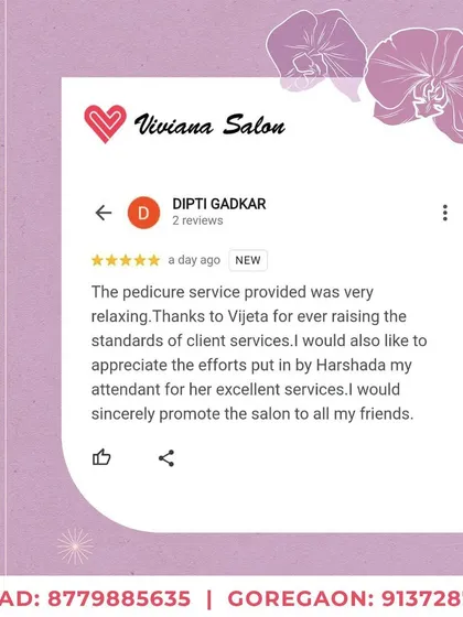 This client was very happy with her relaxing pedicure service. I appreciate her kind words for me and my attendant, Harshada, and I'm so glad she would recommend the salon to her friends.