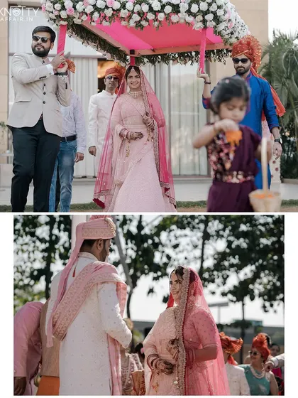 The bride's entrance under a beautiful pink phoolon ki chadar, and the moment she meets her groom. These images capture the anticipation and emotion of the beginning of the wedding ceremony.