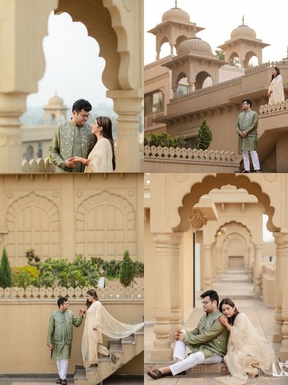 A collage showcasing a couple's shoot in a beautiful, palace-like setting. The different angles and poses tell a story of romance against a backdrop of grand arches and domes.