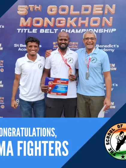 Success is a team effort. Here, our founder Master Ashwin and senior coach Rajith Kumar celebrate with a student after a victory at the Golden Mongkhon Muay Thai Tournament. This reflects our core philosophy of mentorship and shared achievement.