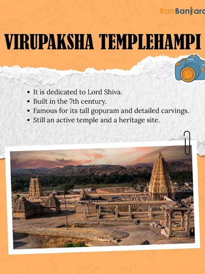 The magnificent Virupaksha Temple in Hampi. As an active 7th-century temple and a UNESCO heritage site, its tall gopuram and detailed carvings tell stories of a glorious past.