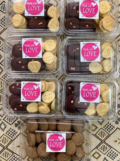 My assorted homemade cookies, packed with a "Made with Love" sticker. These boxes of Red Velvet, Butter, and Ragi cookies make a wonderful gift.