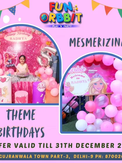 This graphic showcases our mesmerizing theme birthdays, featuring a beautiful Barbie party setup. I offer special deals to make your celebration even better.
