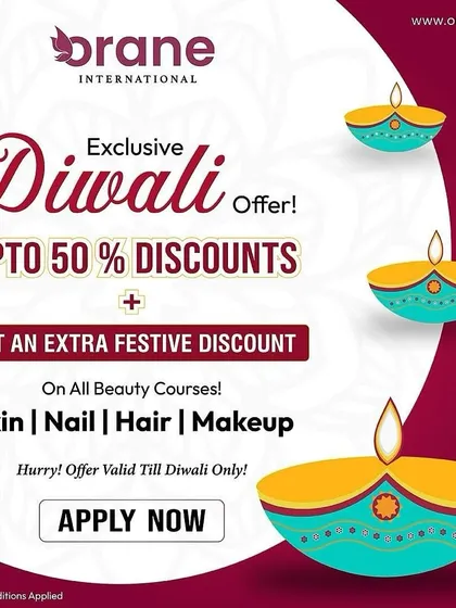 Our exclusive Diwali offer, providing up to 50% discount on all beauty courses. We celebrate festivals by making it easier for aspiring students to start their journey with us.