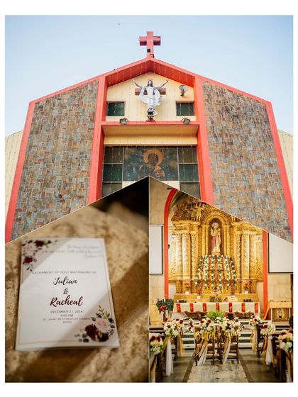 A collage showing the church exterior, the wedding invitation, and the decorated altar. This sets the scene and captures the important details of the ceremony location.
